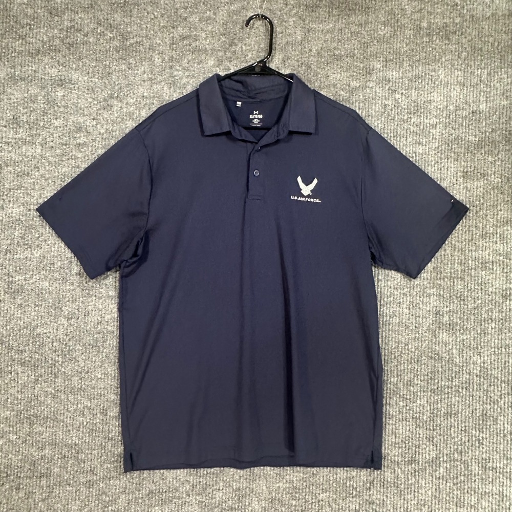 Under Armour Polo Shirt Mens XL Navy Blue Excellent US Air Force Logo Shirt